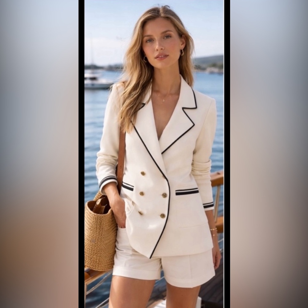 NWT Zara Double-Breasted Knit Blazer Jacket Ivory/ Navy trim Sz M